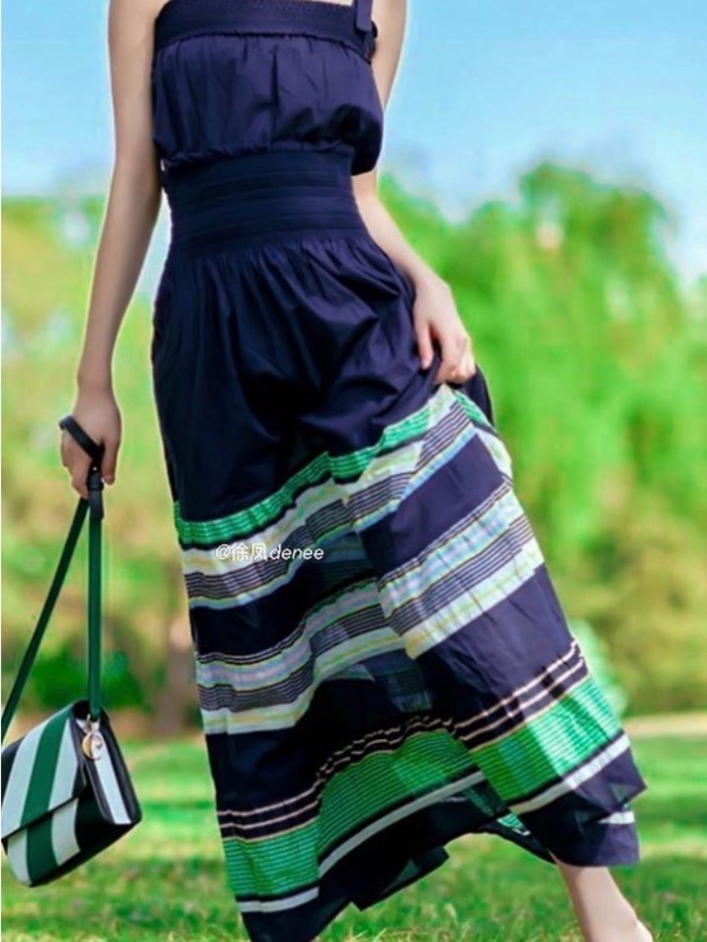Tory Burch Cotton Voile Smocked Dress in Navy with Green and White Stripes